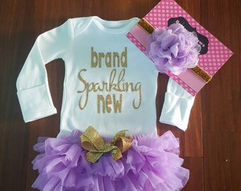Złoty brokatowy winylowy Bling „zupełnie nowy” Onesie, szyfonowy TutuBloomers i zestaw opaski na głowę, dla dziewczynki, noworodka, strój do szpitala, zestaw do zabrania do domu