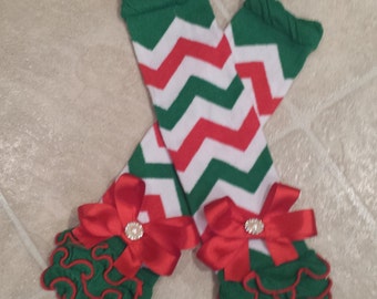 ready to ship Christmas Red White & Green Chevron Leg warmers with Ruffles and Bow clips, Toddler, infant, Newborn, Girls, smash cake set