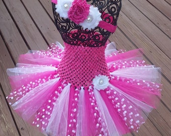 Rosa Weiß & Pink mit weißen Punkten Tutu Kleid,Baby Tutu Kleid Geburtstag Blumen Mädchen,Tüll,Ballerina,Foto Requisite, Säugling, Smash Cake Set, Kleinkind