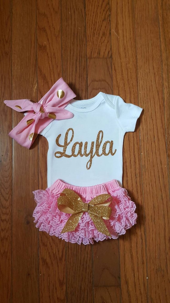 Gold Glitter Vinyl Bling With Personalized Name Onesie, Lace