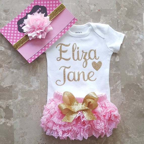 Gold Glitter Vinyl Personalized Name Onesie, Pink Lace Bloomers