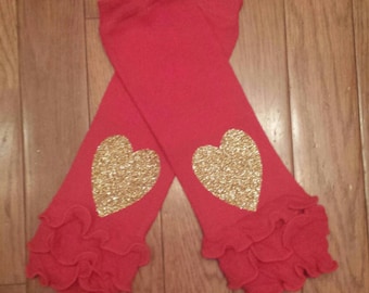 Ready to ship red Cotton Ruffled Leg Warmers with gold glittery vinyl bling non shed hearts, baby girl, toddler,infants, photo prop, girls,