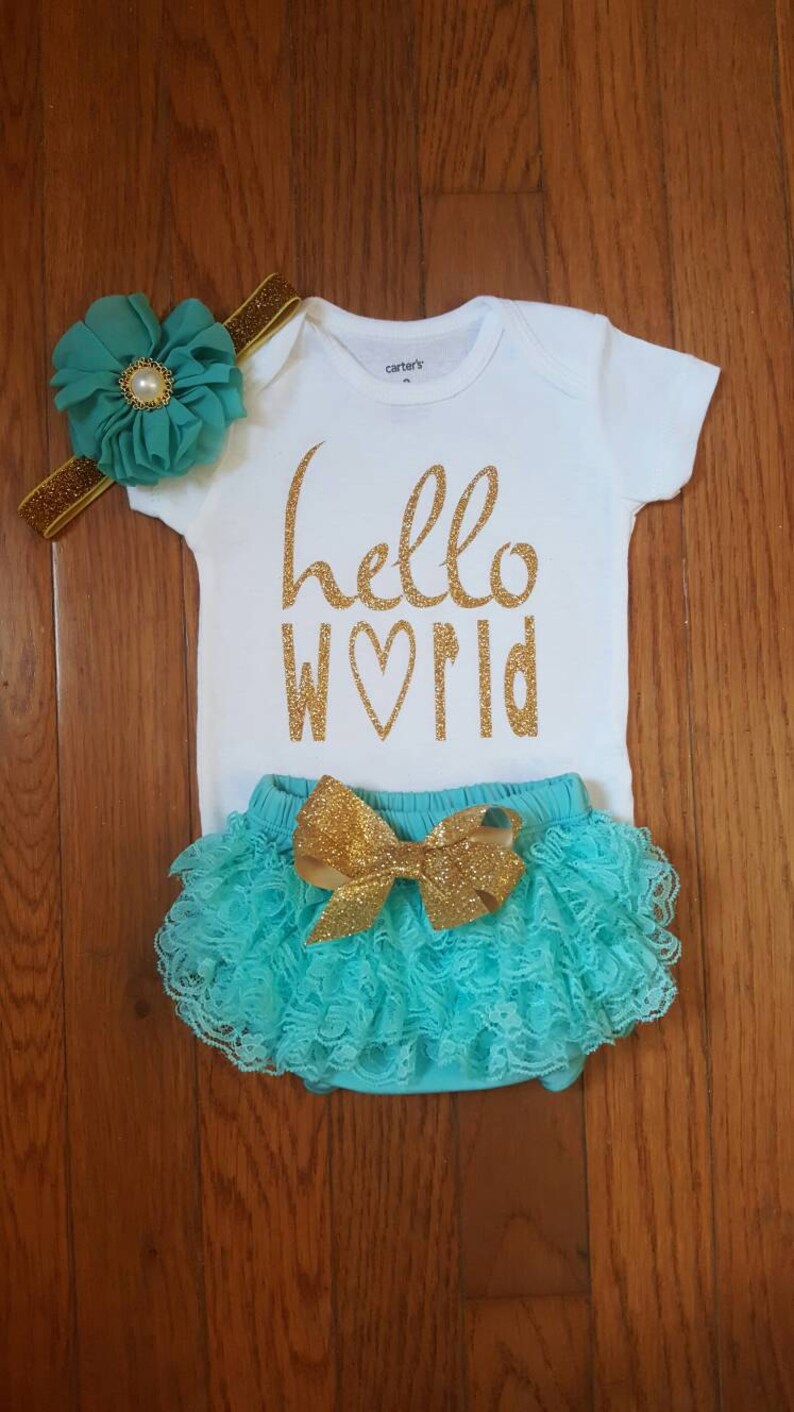 Gold Glitter Vinyl hello World Onesie Aqua Lace Etsy