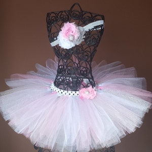 Pink Gray Silver and White Tutu & Shabby Headband Set,newborn tutu flower girl,smash cake outfit. Ballerina, baby tutu,birthday