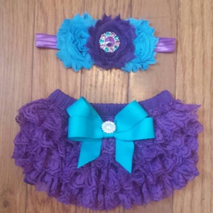 SALE Purple and Turquoise  Headband & Lace Bloomers Set, birthday, flower girl, cake smash set, infant, newborn , toddler