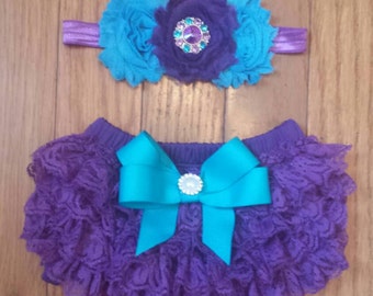 SALE Purple and Turquoise  Headband & Lace Bloomers Set, birthday, flower girl, cake smash set, infant, newborn , toddler
