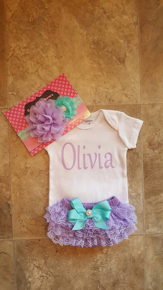 Aqua and Lavendervinyl Bling With Personalized Name Bodysuit,lace
