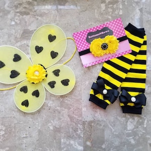 Bumblebee wings, leg warmer, and headband set for infant and toddler girls for Halloween costume, birthday or, everyday wear