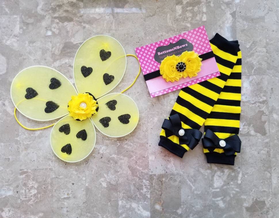 Bumblebee wings, leg warmer, and headband set for infant and toddler girls for Halloween costume, birthday or, everyday wear