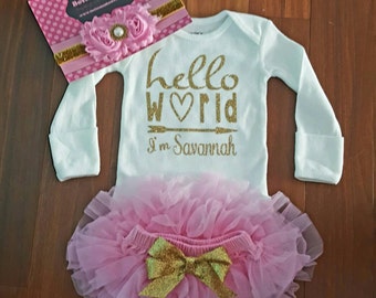 Gold Vinyl "Hello World I'm  personalized name bodysuit,Pink chiffon Tutu Bloomers,&Headbnd Set,baby girl,newborn,hospital outfit,take home