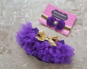 Adorable Purple and Gold Headband & Chiffon Ruffled Tutu Bloomers Set, birthday, flower girl, cake smash set, infant, photo prop, newborn,