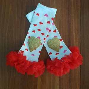 Valentine&#39;s Day Chiffon Ruffled Red and Hot Pink Heart Leg Warmers with gold vinyl hearts.. 1st Valentine&#39;s day