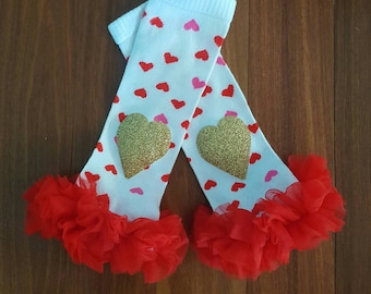 Valentine's Day Chiffon Ruffled Red and Hot Pink Heart Leg Warmers with gold vinyl hearts.. 1st Valentine's day