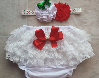 SALE Christmas lace bloomers with headband set, baby's first Christmas, birthday, baby photo prop,smash cake set, girls, sets