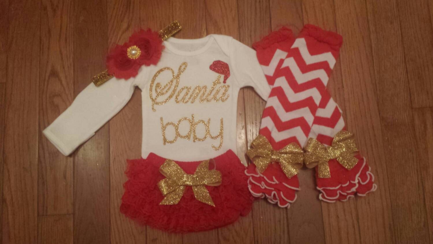 Gold Glitter Vinyl santa Baby Onesie Red Lace Etsy