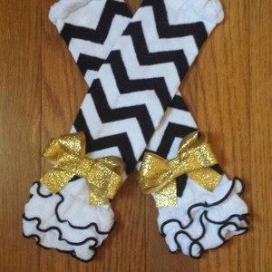 SALE Black & White Chevron Leg Warmers with Cotton Ruffles and Gold Glittery Bling Bows, baby girl, toddler,infants, girls tutus