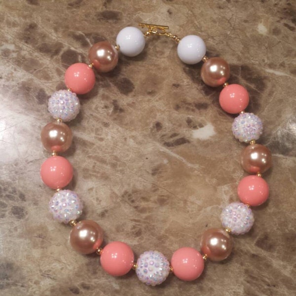Sale Ready to ship Coral, Gold, & White Bubblegum Chunky Bead Necklace,photo prop,Birthday toddler  nickle-free necklace,cake smash