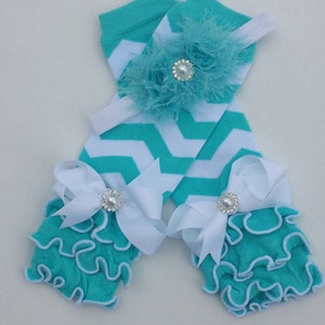 Aqua & wit shabby hoofdband en Chevron been warmer ingesteld, Chevron beenwarmers, meisje van de baby, peuter, foto prop, meisjes, Tutus, sets