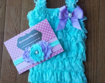 Aqua &Lavender Petti Lace Romper and Headband set,Birthday,flower girl,ballerina,newbornphoto prop,infant, toddler, girl