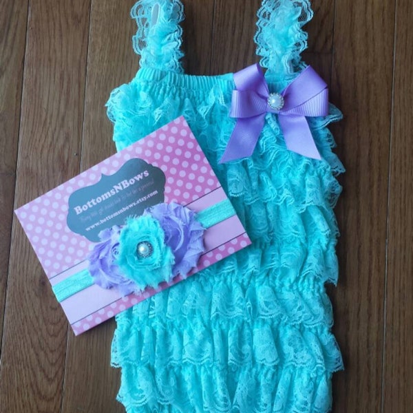 Aqua &Lavender Petti Lace Romper and Headband set,Birthday,flower girl,ballerina,newbornphoto prop,infant, toddler, girl