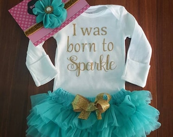 Gold Glitter Vinyl  "I was born to sparkle"Onesie,chiffon TutuBloomers,&Headband Set, newborn,hospital outfit,take home set