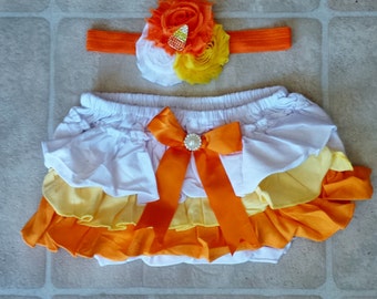 Thanksgiving Fall  Candy Corn  ruffled bloomers and headband set,costume, birthday, baby photo prop,smash cake set