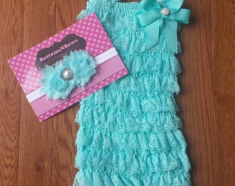 Ready to ship Aqua Petti Lace Romper and Headband set,Birthday,flower girl,newborn photo prop, Chistening, Baptism,infant, toddler, girl