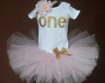 SALE Gorgeous Gold Glitter Bling "ONE" Birthday Onesie,Pink Tutu & Headband 3 piece Set, baby girl, 1st Birthday, Cake Smash