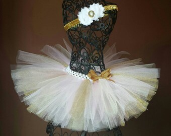 White Ivory Gold & Pink Tutu  and Headband Set Birthday,ballerina,toddler,flower girl,newborn, infant, baby girl