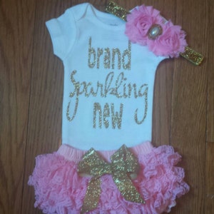 READY To SHIP Gold Glitter Vinyl Bling &quot;brand sparkling new&quot;Onesie, Lace Bloomers, & Headband Set, baby girl, newborn, take home set