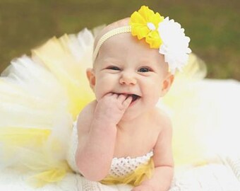 Yellow & white flowers on yellow chevron headband ,foe, Newborn Headband,Babygirl Headband,toddler,child, two flower Shabby Chic Headband