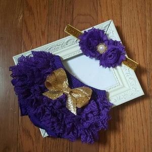 Gorgeous Purple and Gold Headband & Lace Ruffled Bum Bloomers Set,1st birthday, cake smash set, infant, newborn, toddler