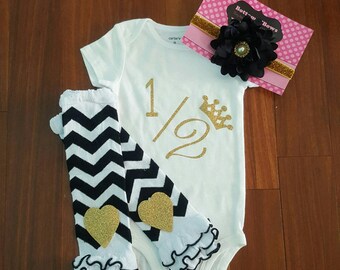 READY TO SHIP Gold Glitter Vinyl  "1/2" biryhday Onesie,Black chevron Leg Warmers, &Hdbnd Set,baby take home set,newborn hospital set