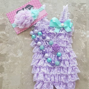 Lavender and aqua Petti Lace Romper Headband and Necklace 3 piece set,Birthday,flower girl,infant, toddler, girl