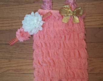 Gorgeous Coral Ivory and Gold Petti Lace Romper and  Headband set, 1st Birthday, Spring, flower girl,photo prop,infant, toddler