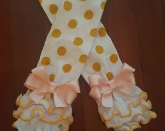 Ready to Ship White with Gold polka dot leg warmers with pink bows, baby girl, toddler, photo prop, girls, tutus, sets