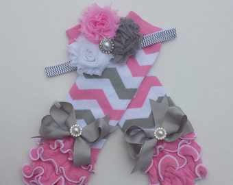 Pink gray & white headband and legwarmer set, chevron headband, chevron legwarmers, baby girl, toddler, photo prop, girls, tutus, sets