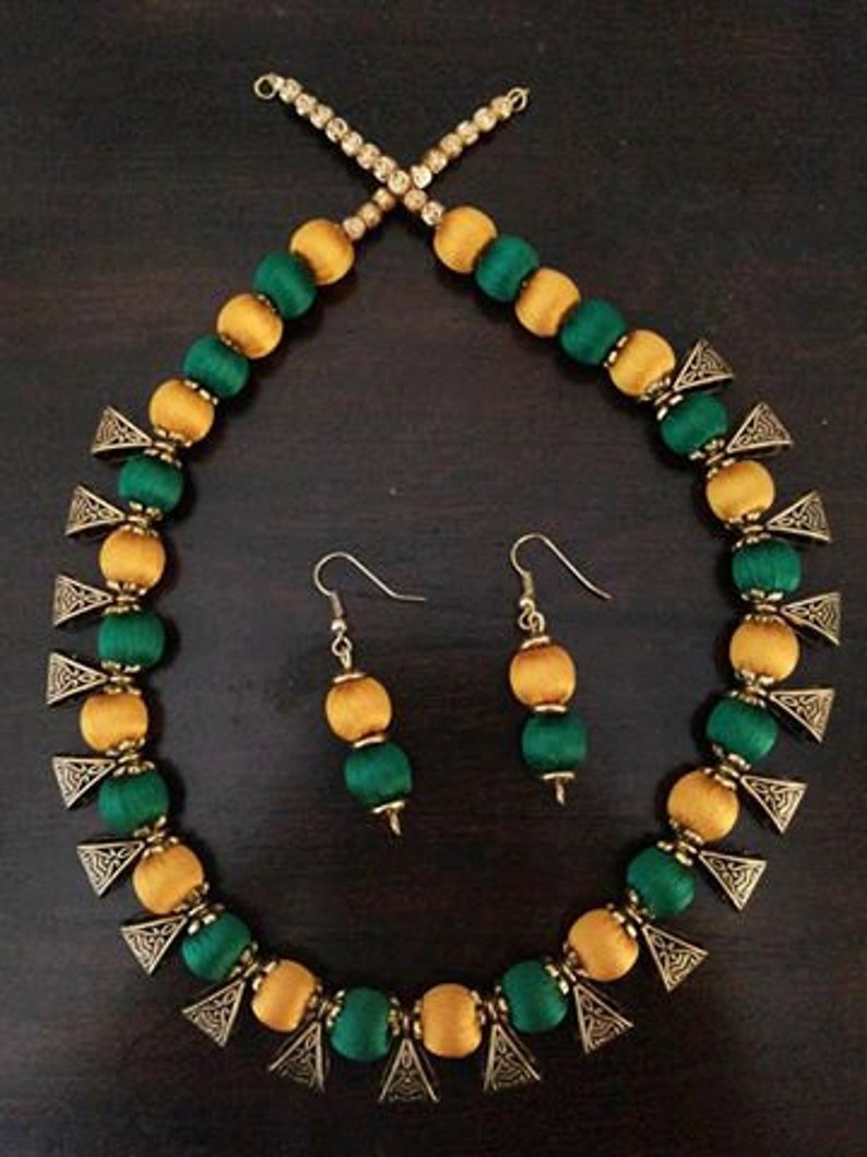 Yellow and Green Silk Thread Jewelry Set Necklace and Earrings Set Silk Thread with hanging Metal Bails Handmade Indian Jewellery Maroon