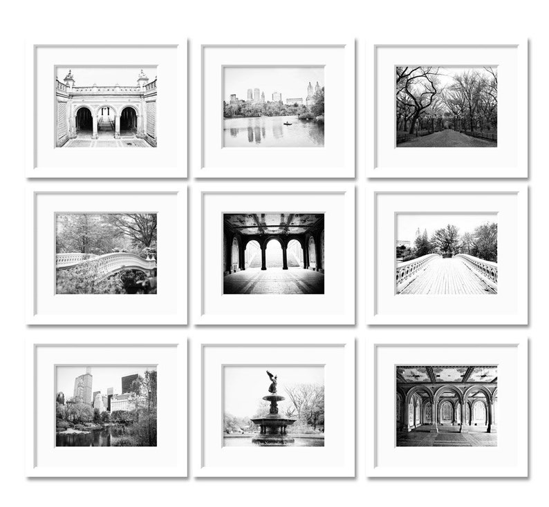 New York City Print set, Central Park Photos, Set of 9, Black and White, New York Photography, Architectural Prints, Central Park Wall Art image 1