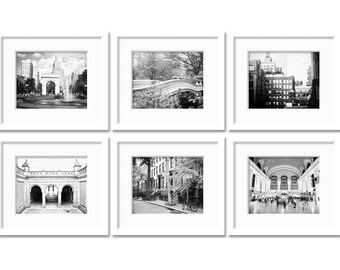 New York City Print Set, Central Park Bow Bridge, New York City photos, Set of 6, New York wall art, Black and White, Grand Central Station