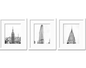 New York City prints SALE Architecture photos New York City decor Set of 3 prints Black and White art Flatiron Building New York Wall Art