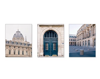 Paris Wall Art, Set of 3 prints, Travel wall decor, Paris Photography, France Neutral decor, Architecture Image, Blue wall art, Door Print