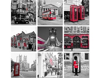 London Print Set, Set of 9 Prints, Black and White, London Wall Art, Red Decor, Union Jack Flag, London Phone Booth, London Photography