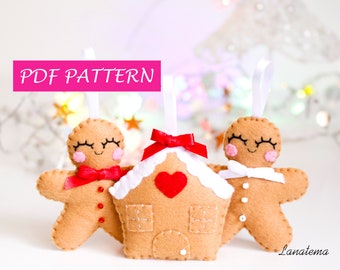 Felt Christmas Pattern, Gingerbread Man Ornaments, Sewing Patterns, digital download, Tree Decoration, Felt PDF Pattern, Gingerbread House