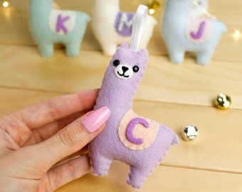 Personalized Llama ornament with initial, alpaca gift, tree decorations pastel, custom gift for couple, first christmas ornament family