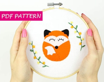 Fox Embroidery Hoop Pattern. PDF Hand Embroidery Design. 6" Hoop Studio Decor, Fox Felt Pattern, Stitching Applique Easy Embroidery Tutorial