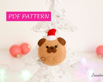 Fai da te ornamento di Natale, carlino con cappello, regalo di Natale, addobbo in feltro, spiegazione foto, cucito facile, cartamodello