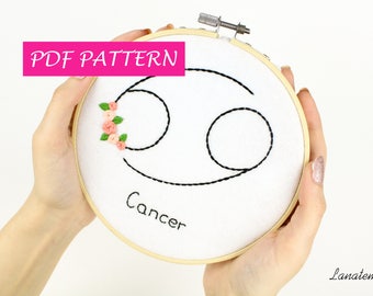 PDF Embroidery hoop art CANCER zodiac diy, embroidery pattern, astrology craft, home decor, easy tutorial felt wall hanging, rose embroidery