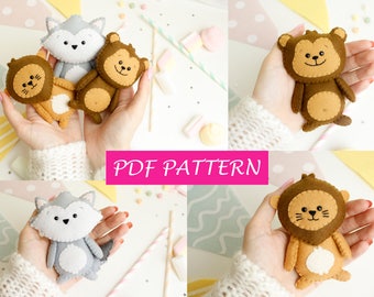 Plush Pattern Baby Mobile Woodland Set of 3 Plush toy Patterns Felt Pattern lion plush monkey Felt PDF pattern stuffed Animal nursery mobile