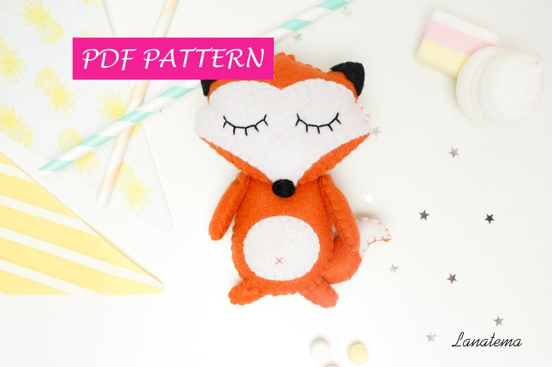 May include: A PDF pattern for sewing a cute orange fox plush toy with white accents and closed eyes. The pattern is available for download.